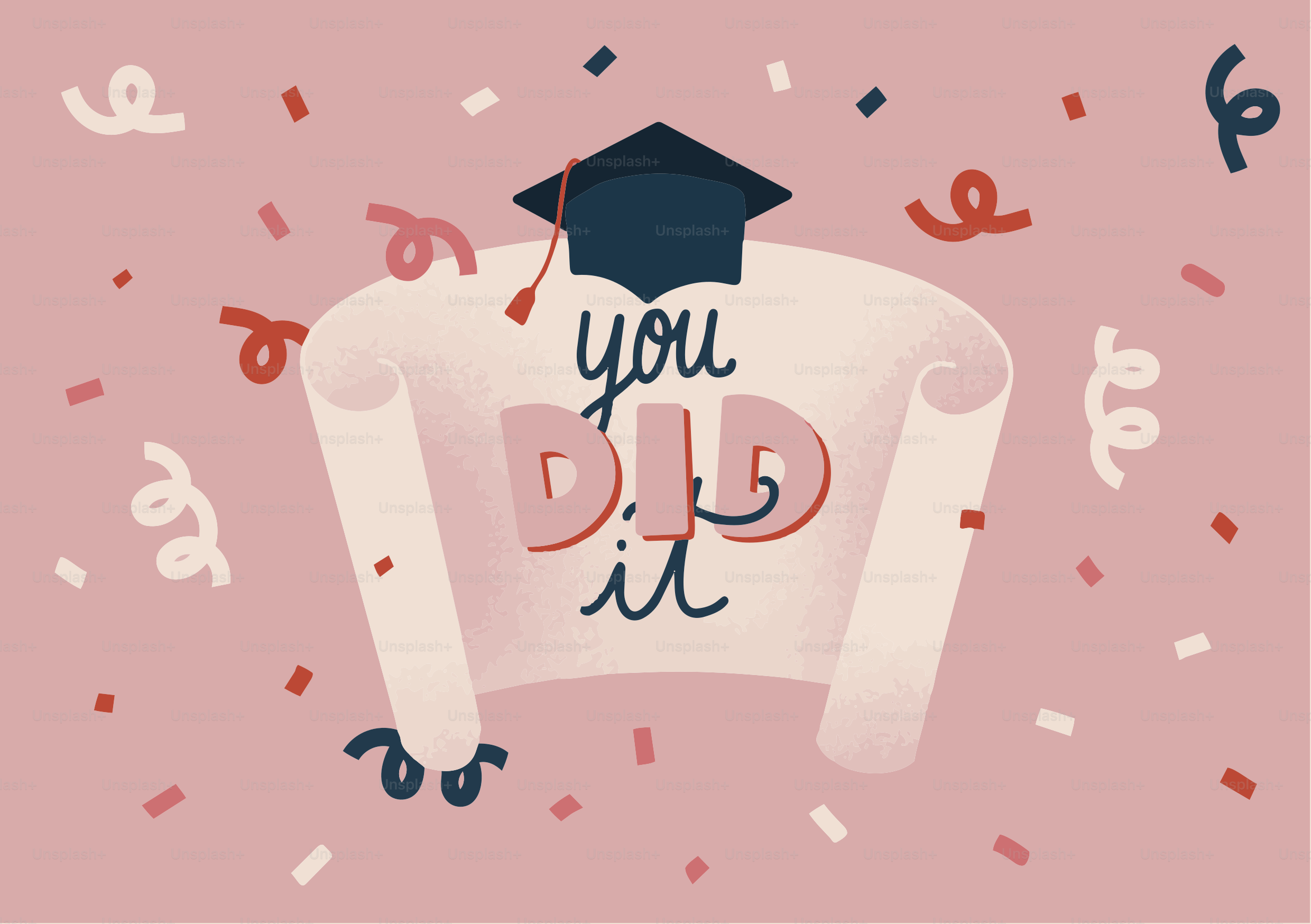 Graduation cap and diploma with confetti and text.