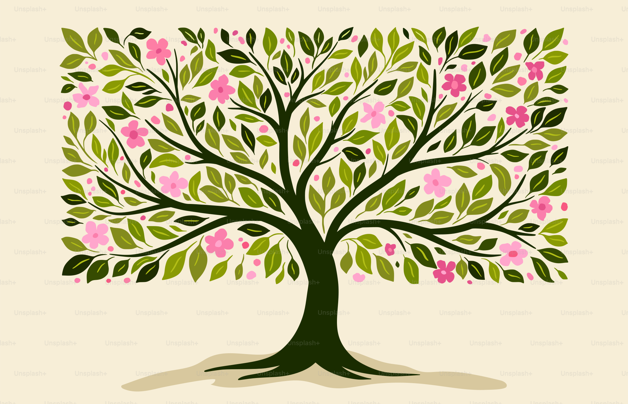 Un arbre stylisé aux fleurs roses et aux feuilles vertes.