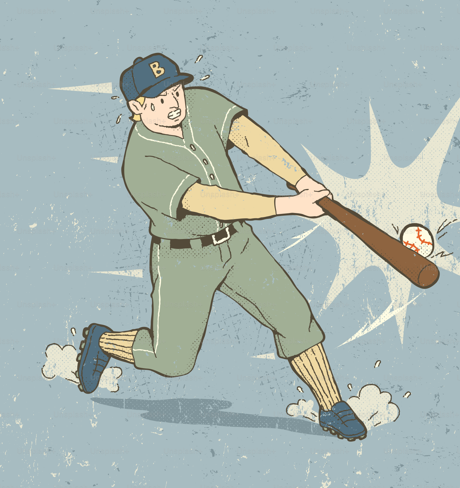 Baseball player swinging bat at ball