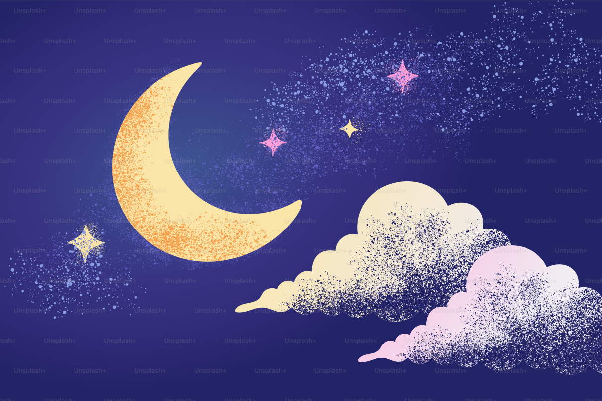 Crescent moon and stars in a night sky.