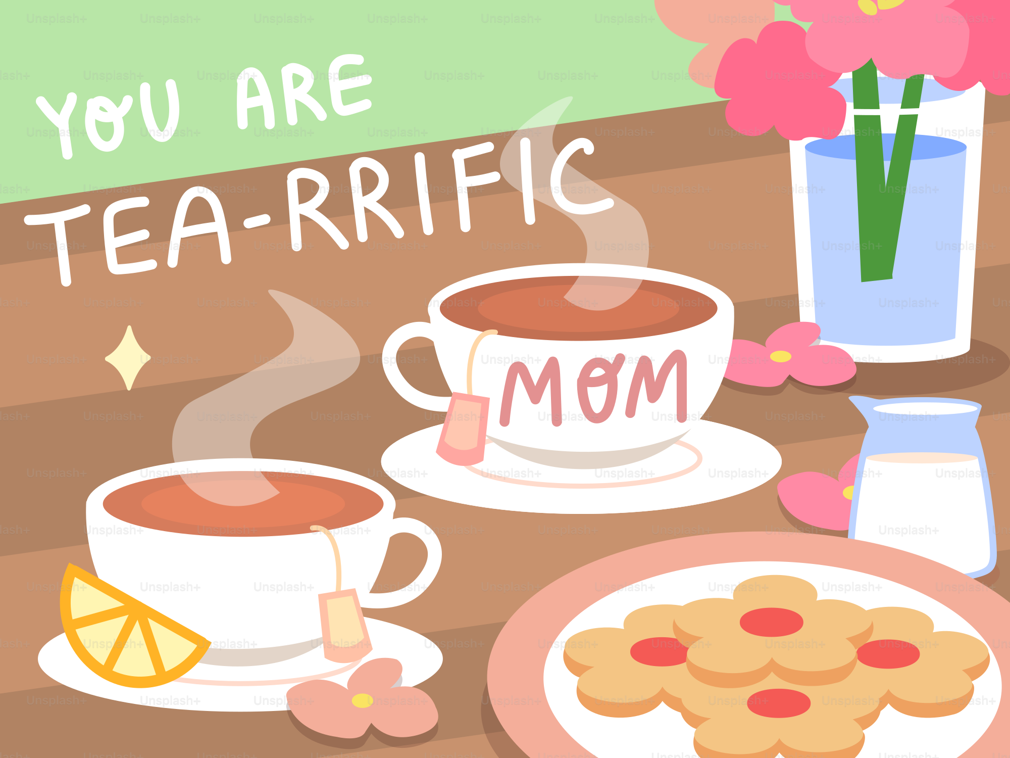 Two cups of tea with cookies and flowers