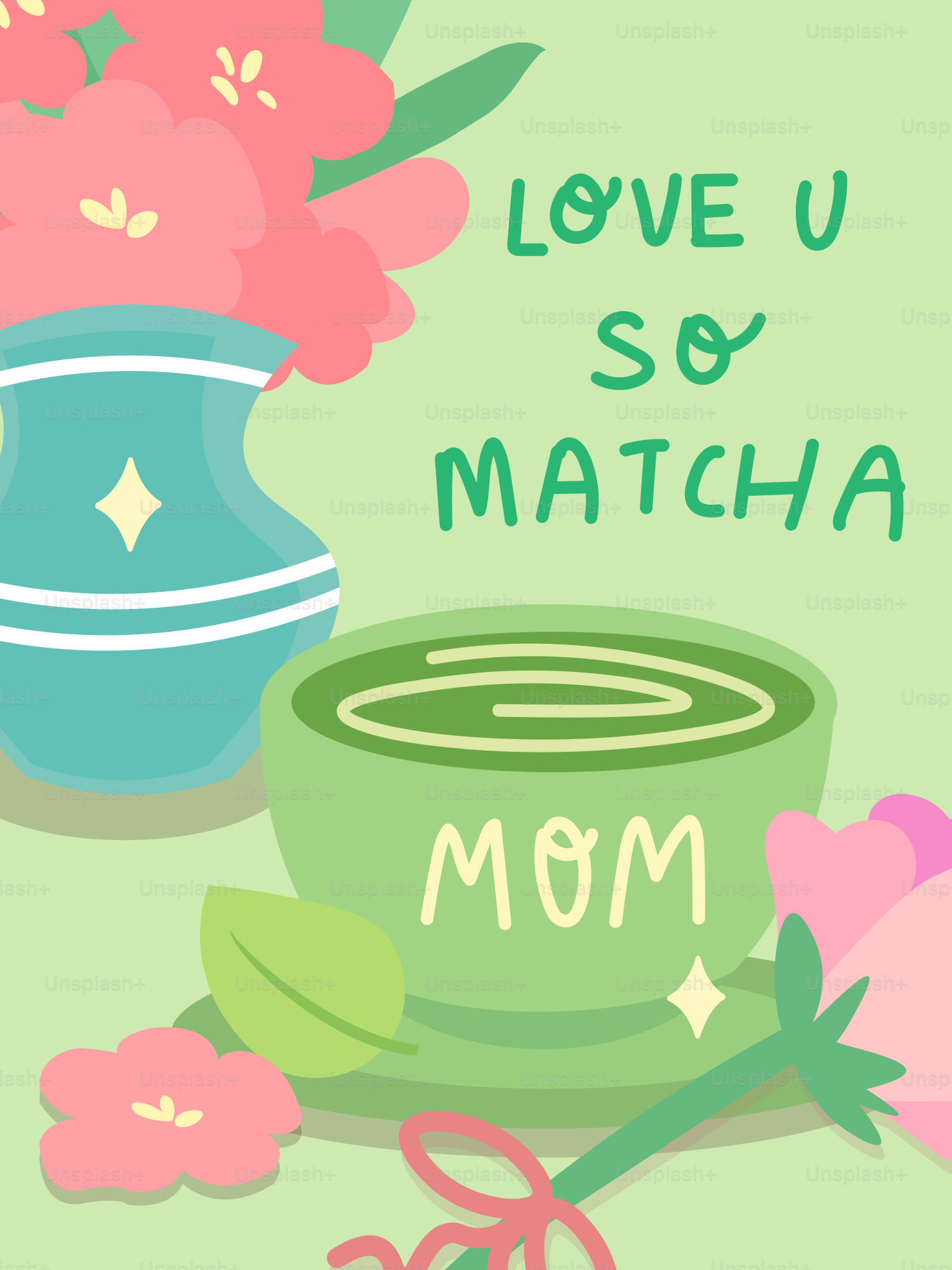 A cup of matcha tea with flowers and vase.