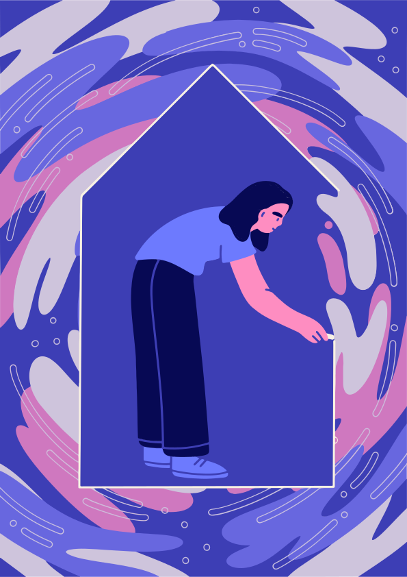 Mujer pintando el contorno del interior de una casa