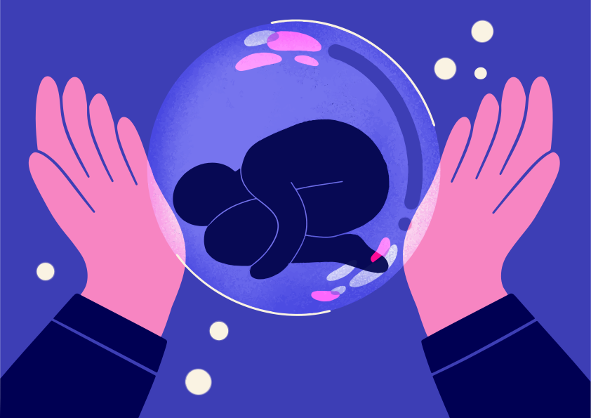 Manos acunando a un feto en una burbuja protectora.