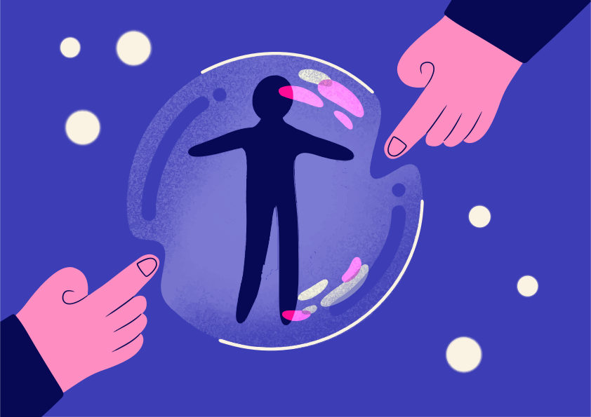 Dos manos apuntan a una persona dentro de una burbuja.