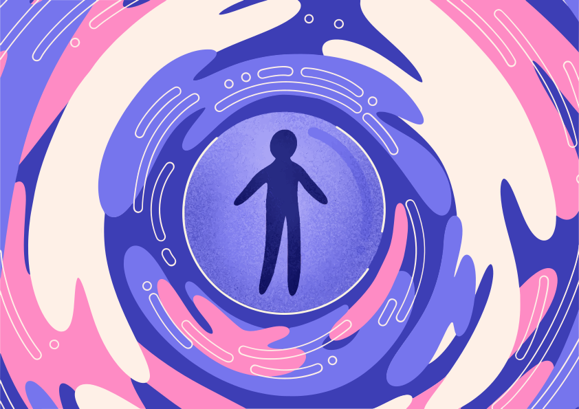 Siluetas de una persona en un vórtice de colores giratorio