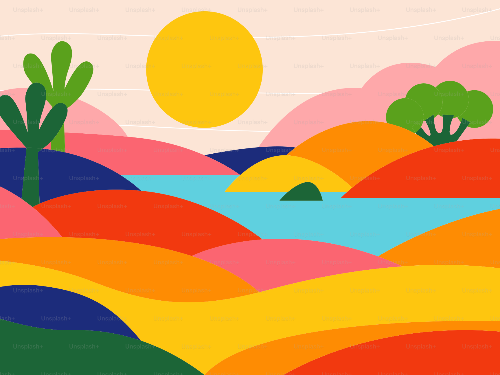 Paisaje abstracto colorido con colinas y sol