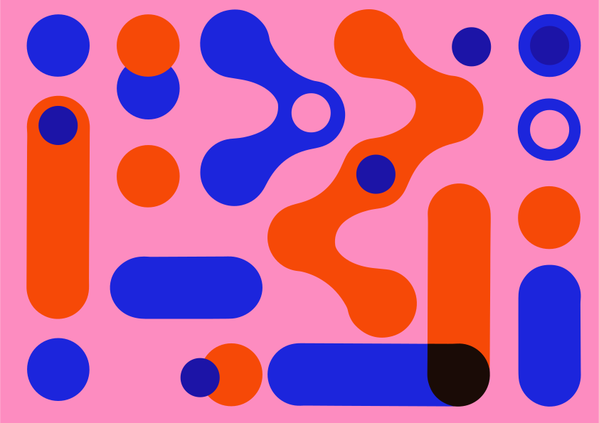 Formas abstractas y círculos en azul, naranja y rosa.