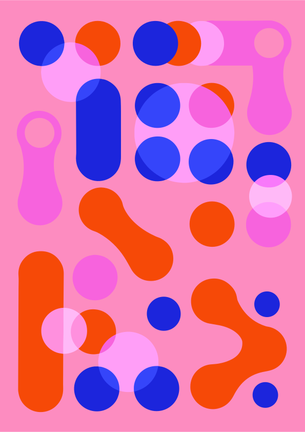 Formas abstractas y círculos en rosa, azul y naranja.