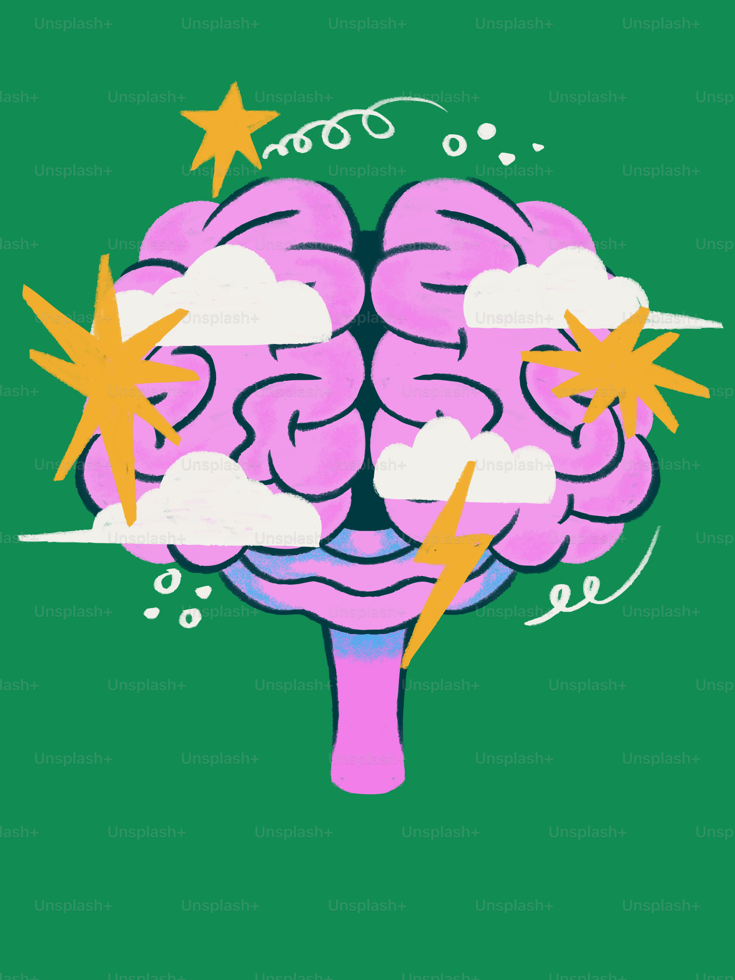 Cerveau rose avec nuages et étoiles sur fond vert