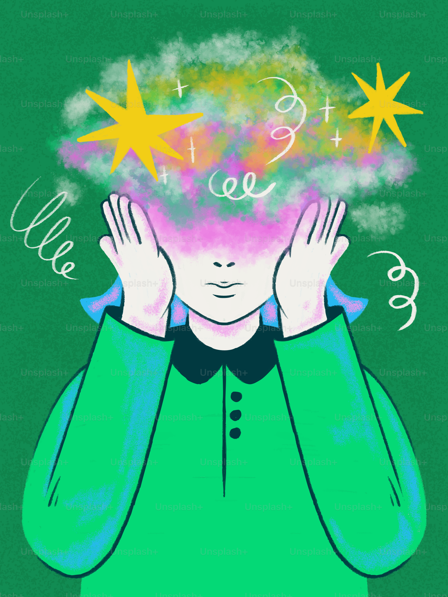 Personne aux pensées colorées et aux étoiles au-dessus de la tête