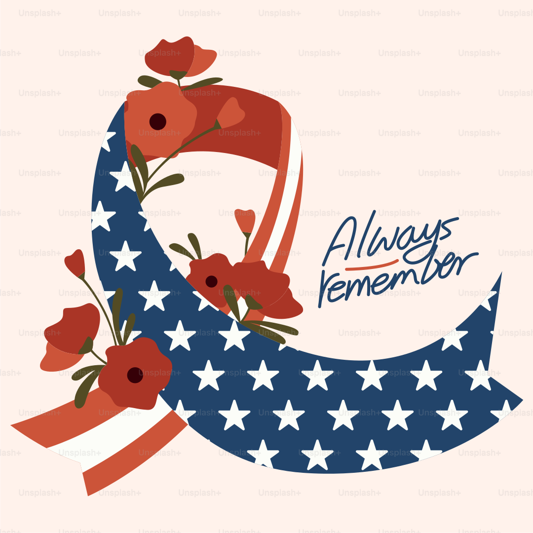 Band mit amerikanischer Flagge und Mohnblumen und dem Text 'always remember'.