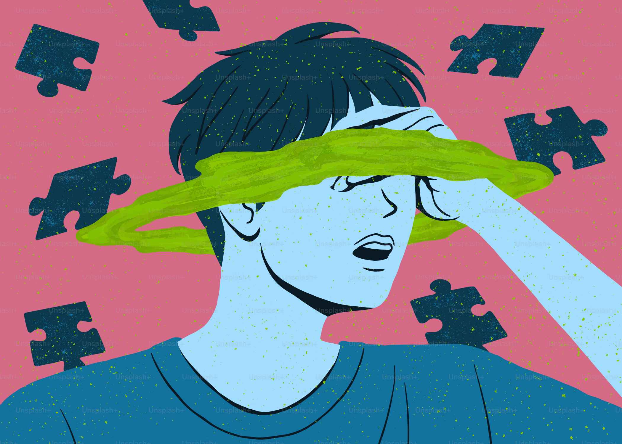 Uomo con pezzi di puzzle e occhi verdi che vorticano.