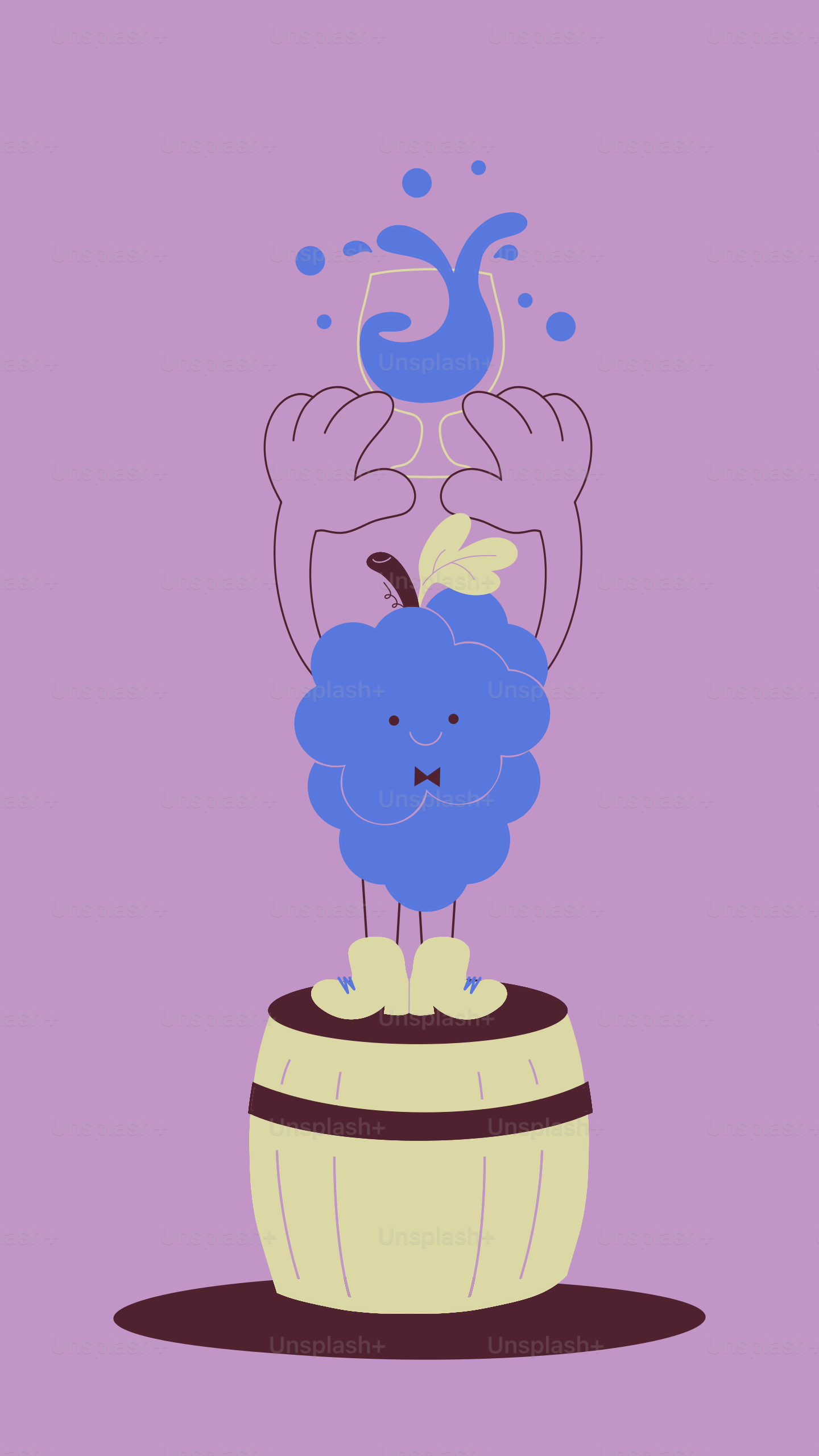 Blue grape character holding a splashing glass on a barrel.