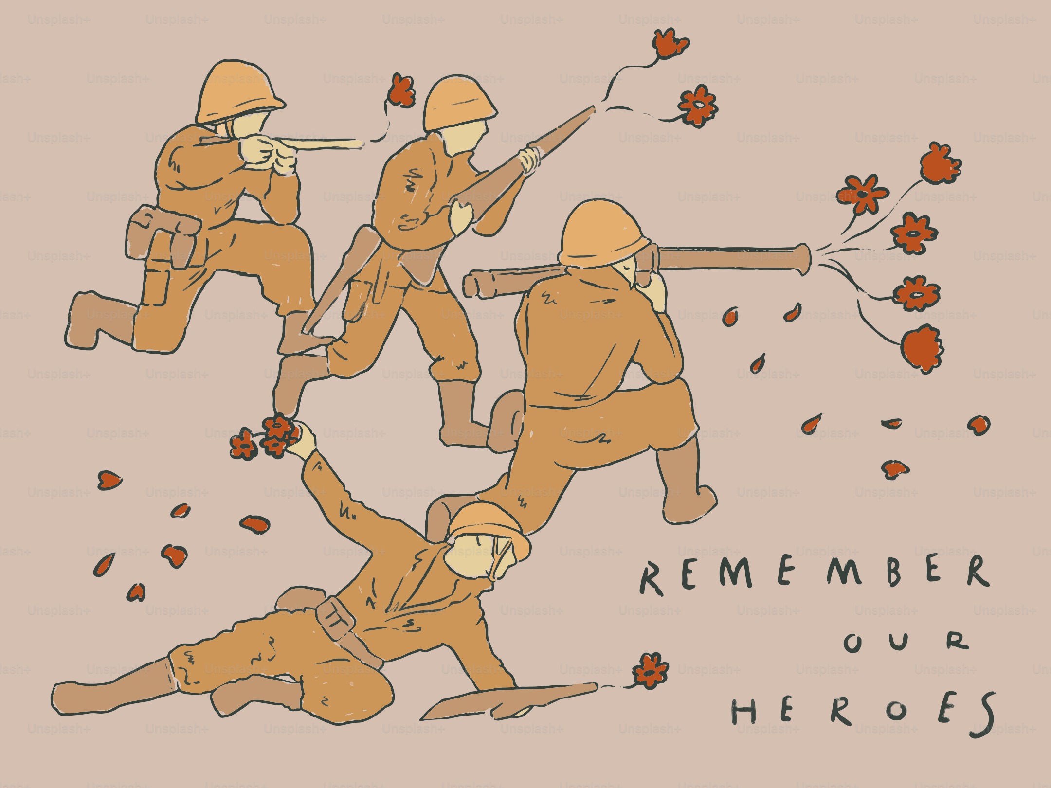 Soldiers in uniform with flowers and text