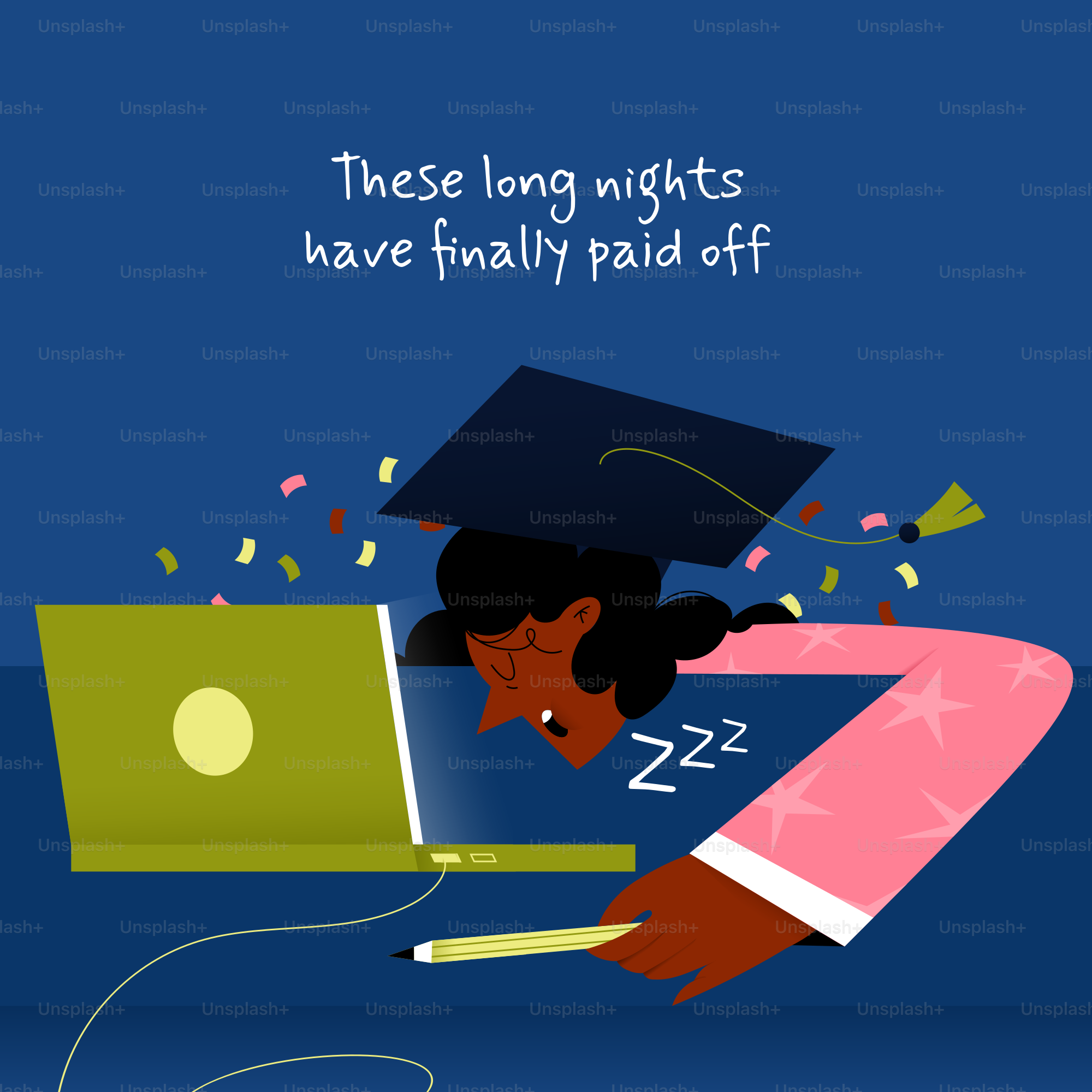 Student sleeping at laptop with graduation cap and confetti.