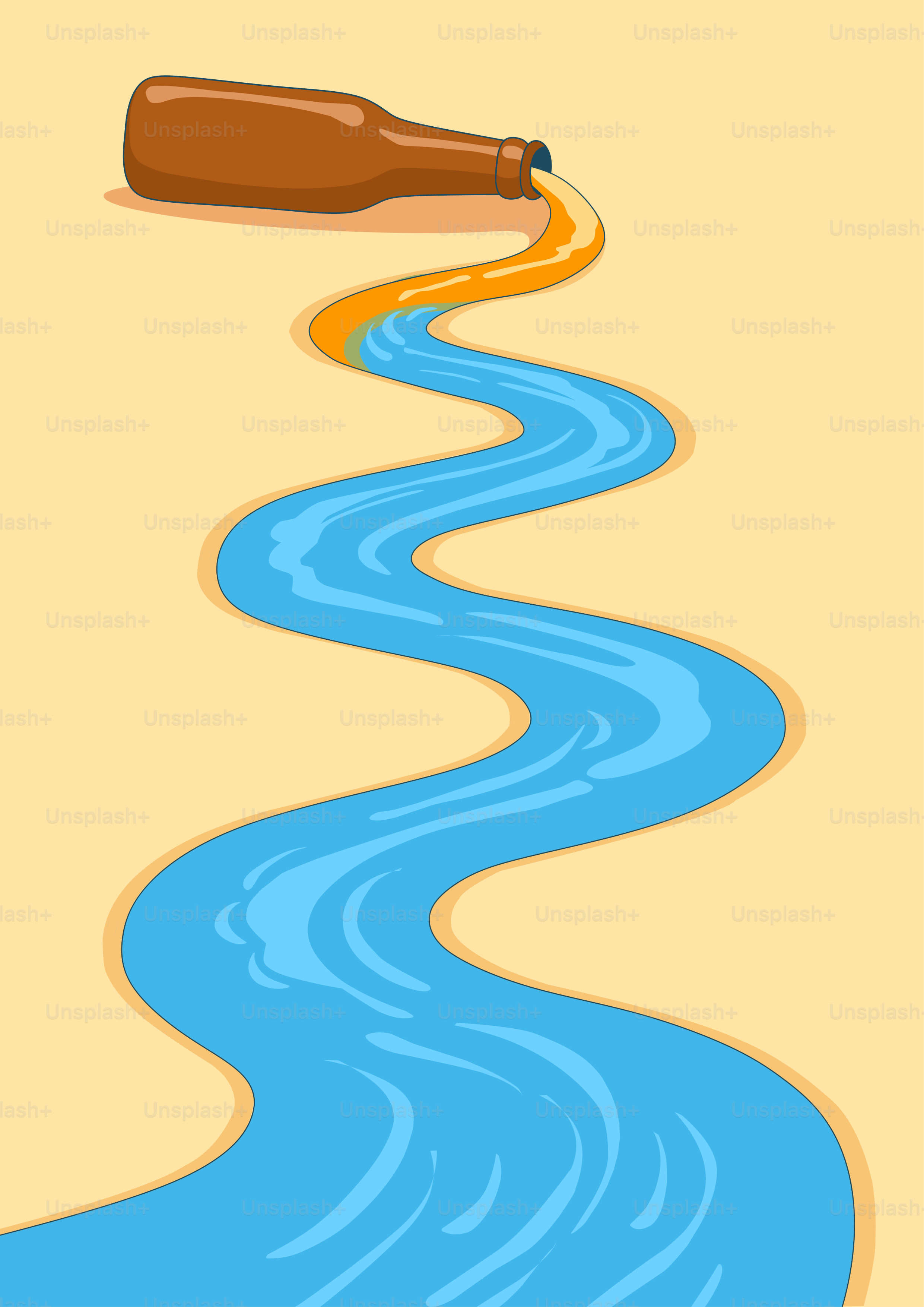 A brown bottle pouring blue liquid like a river