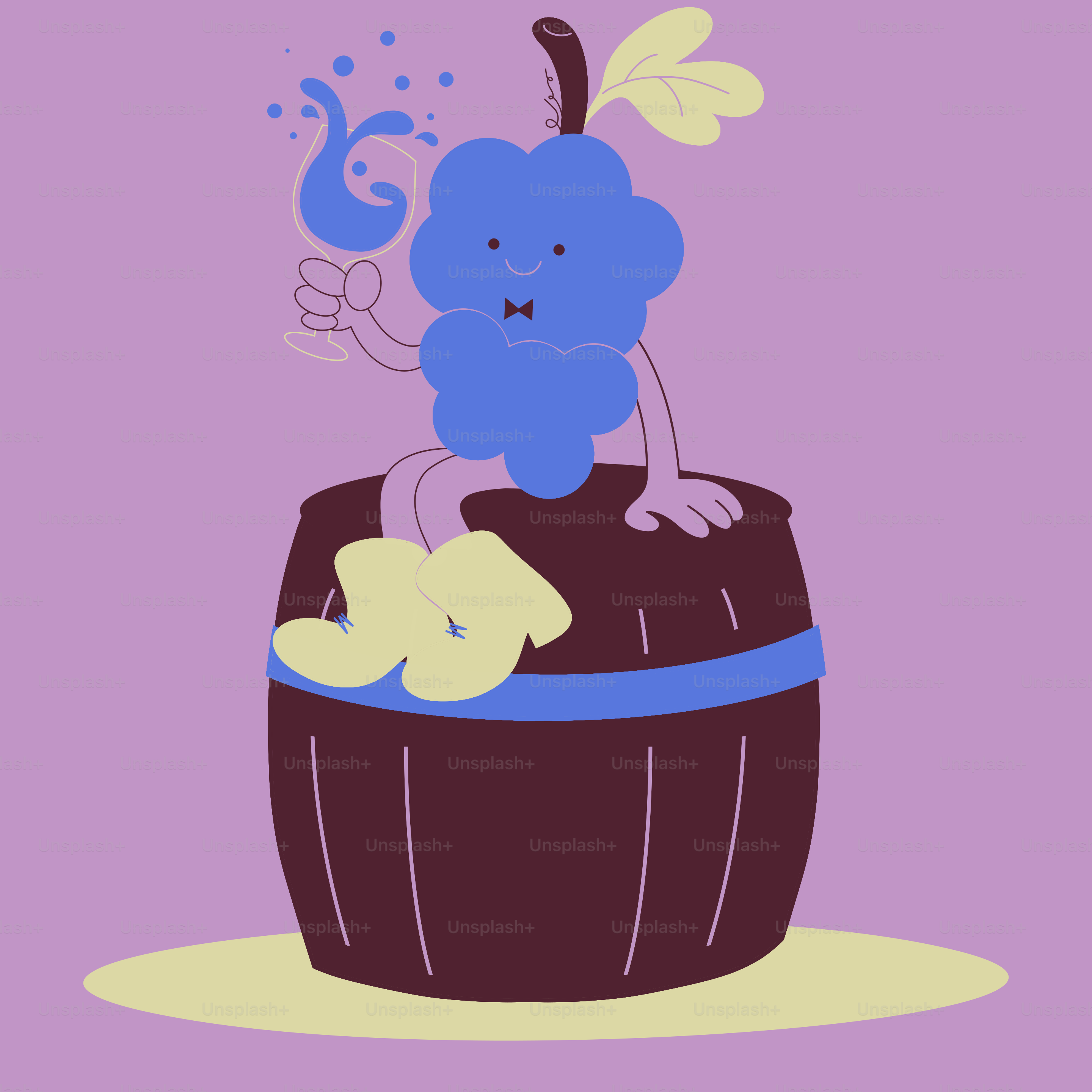 Blueberry character sitting on a barrel with a drink
