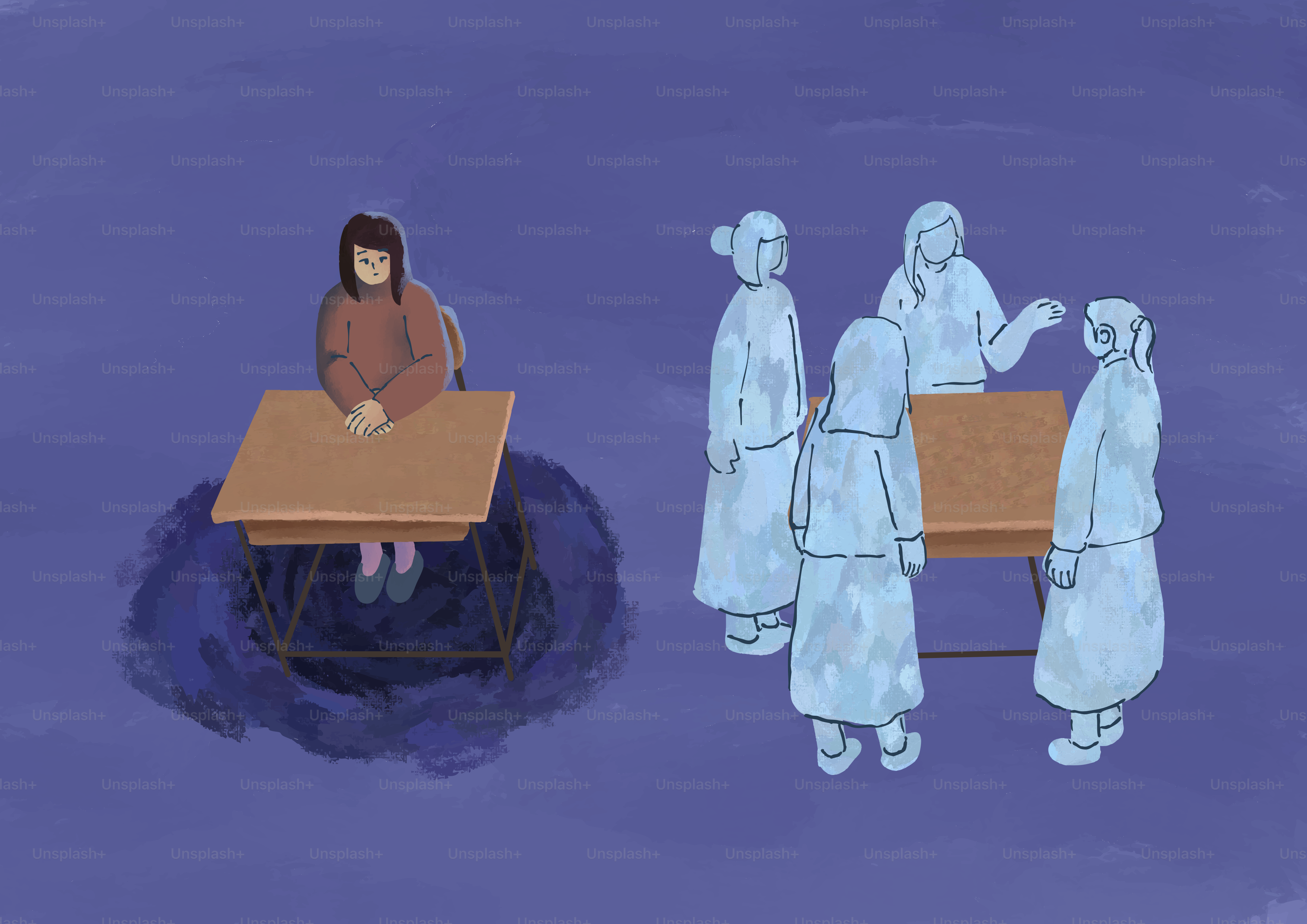 A girl sits alone at a desk while others gather.