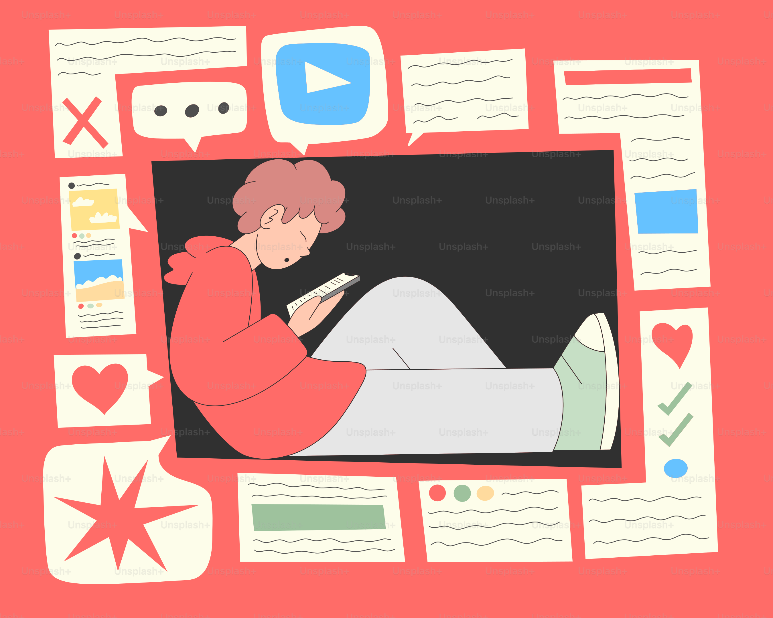 Person, vertieft in ein Smartphone, umgeben von Social-Media-Symbolen.