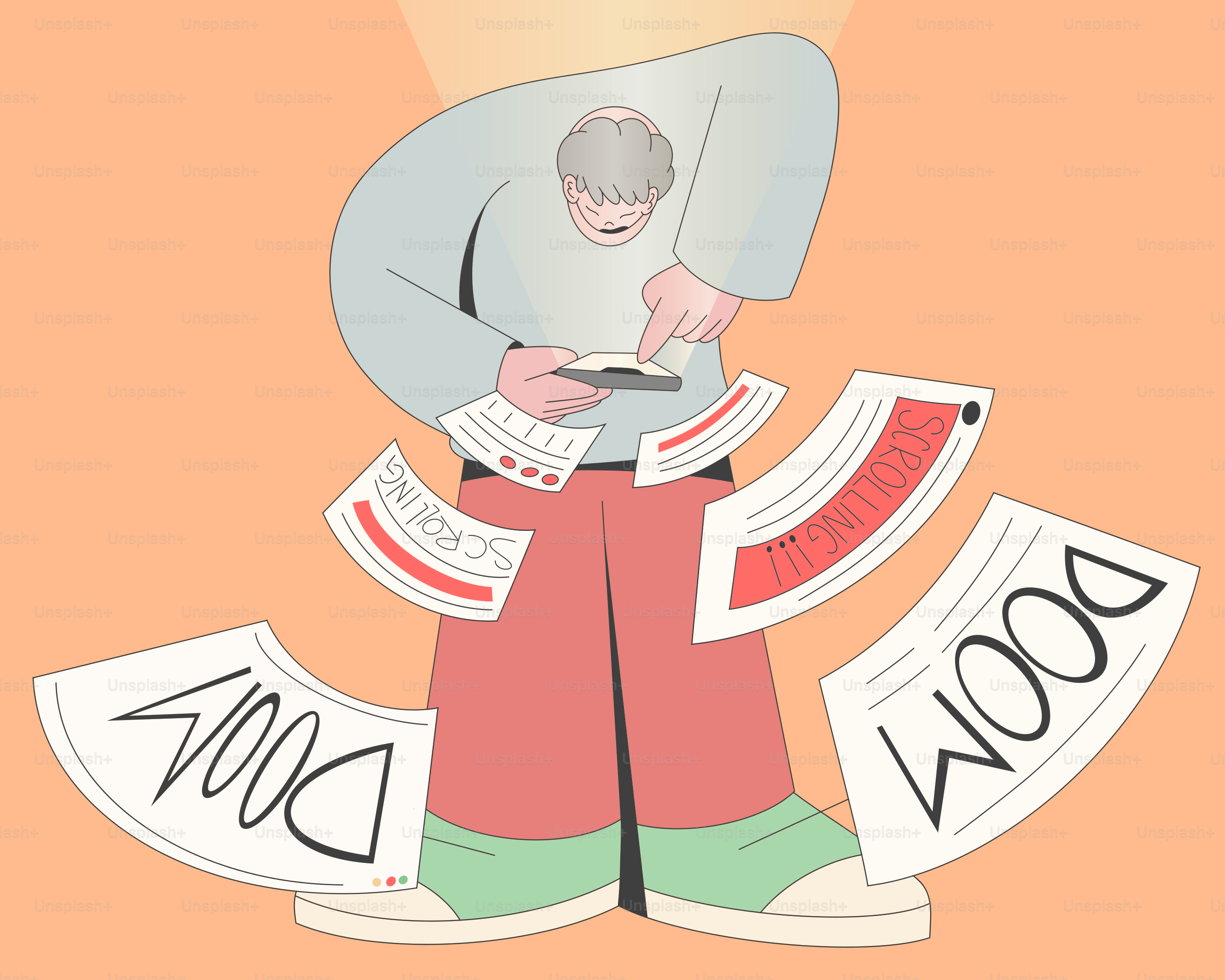 Person looking at phone with papers flying around