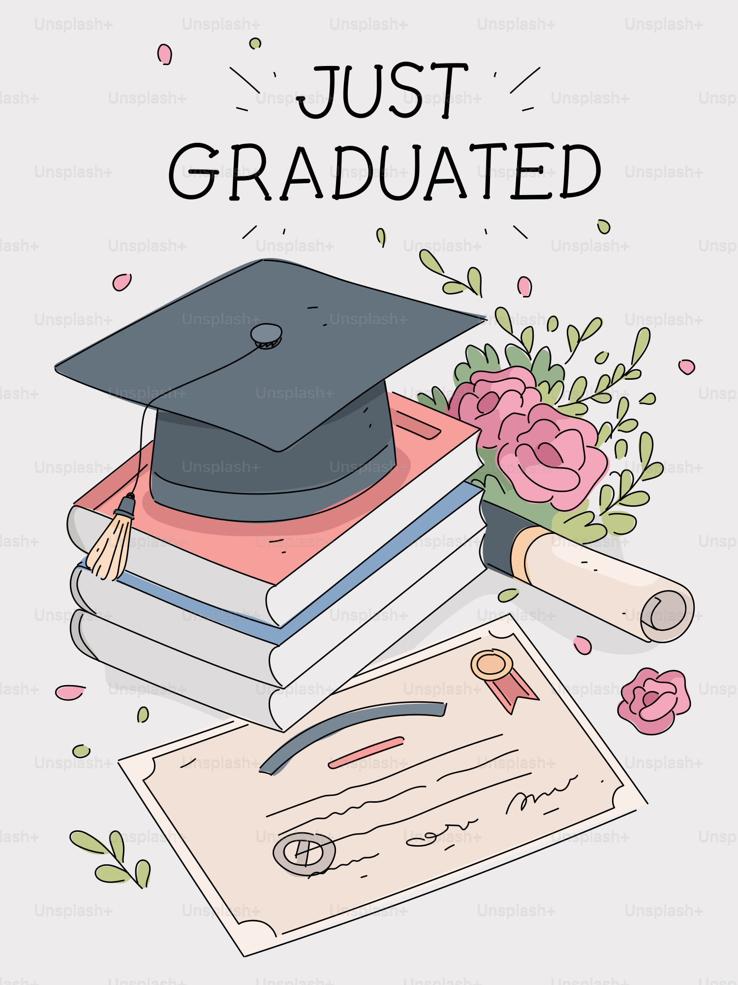 Cappello di laurea sui libri con diploma e fiori