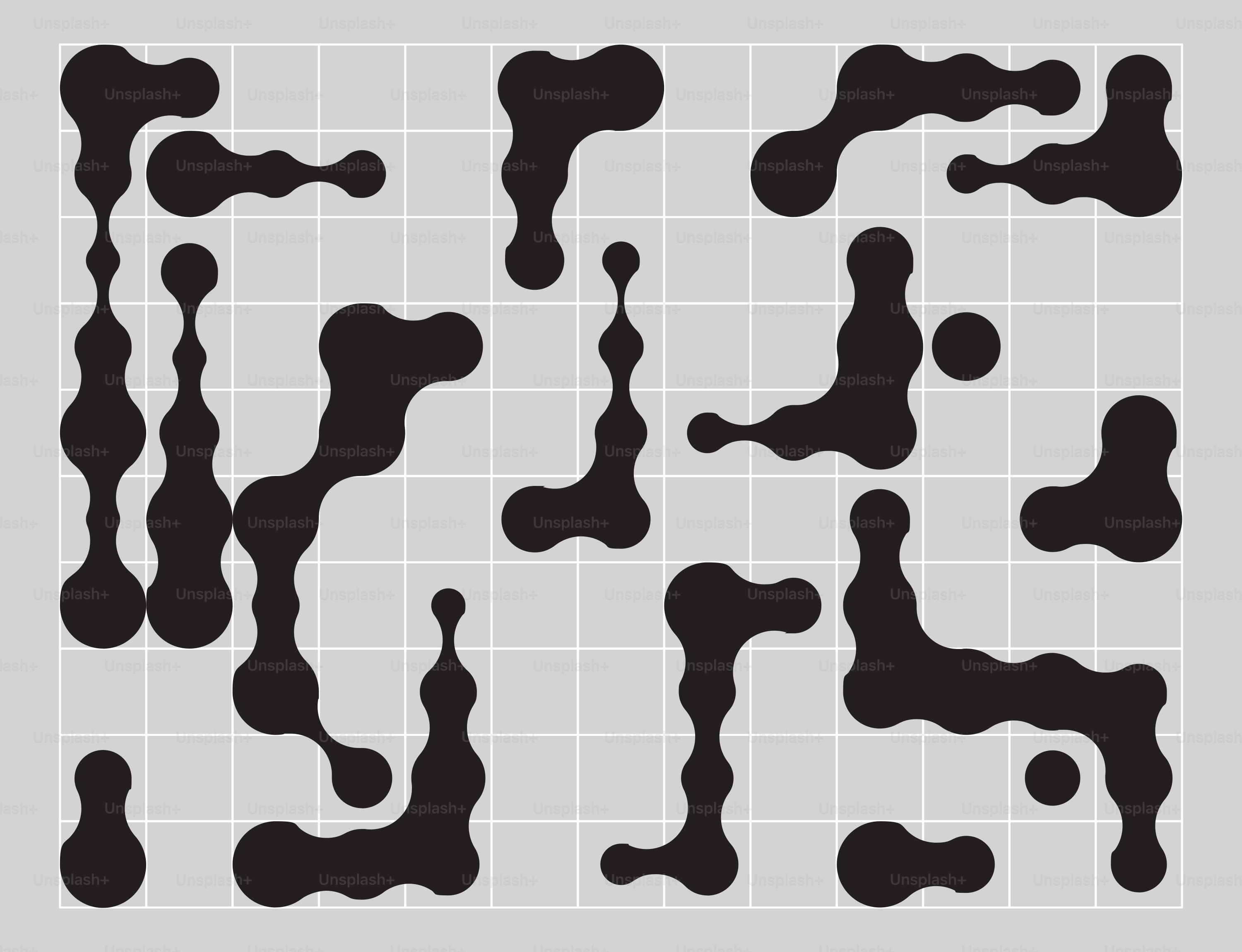 Formes noires abstraites sur fond gris en grille