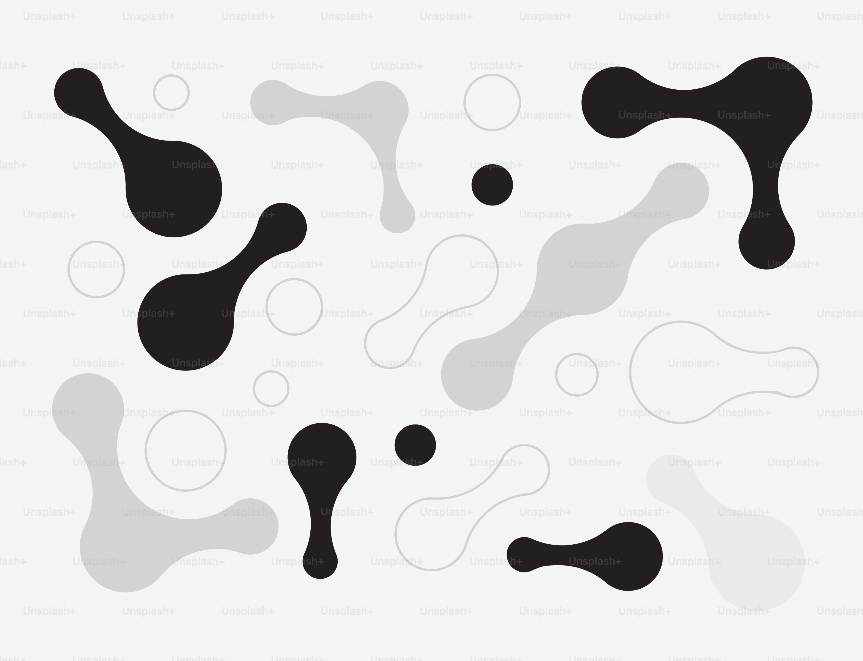 Formes abstraites en noir, blanc et gris sur blanc.