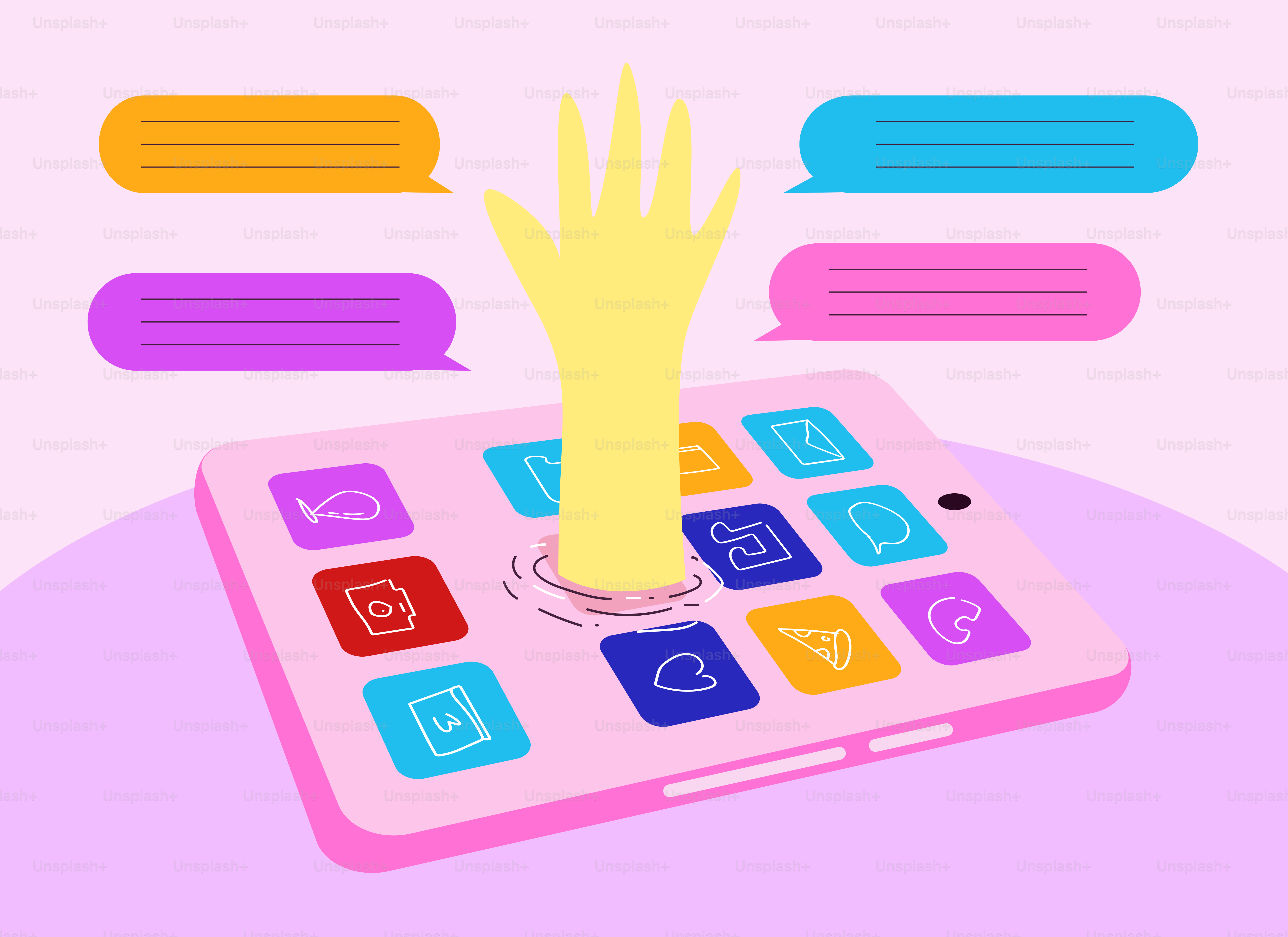 Hand emerging from smartphone surrounded by chat bubbles.