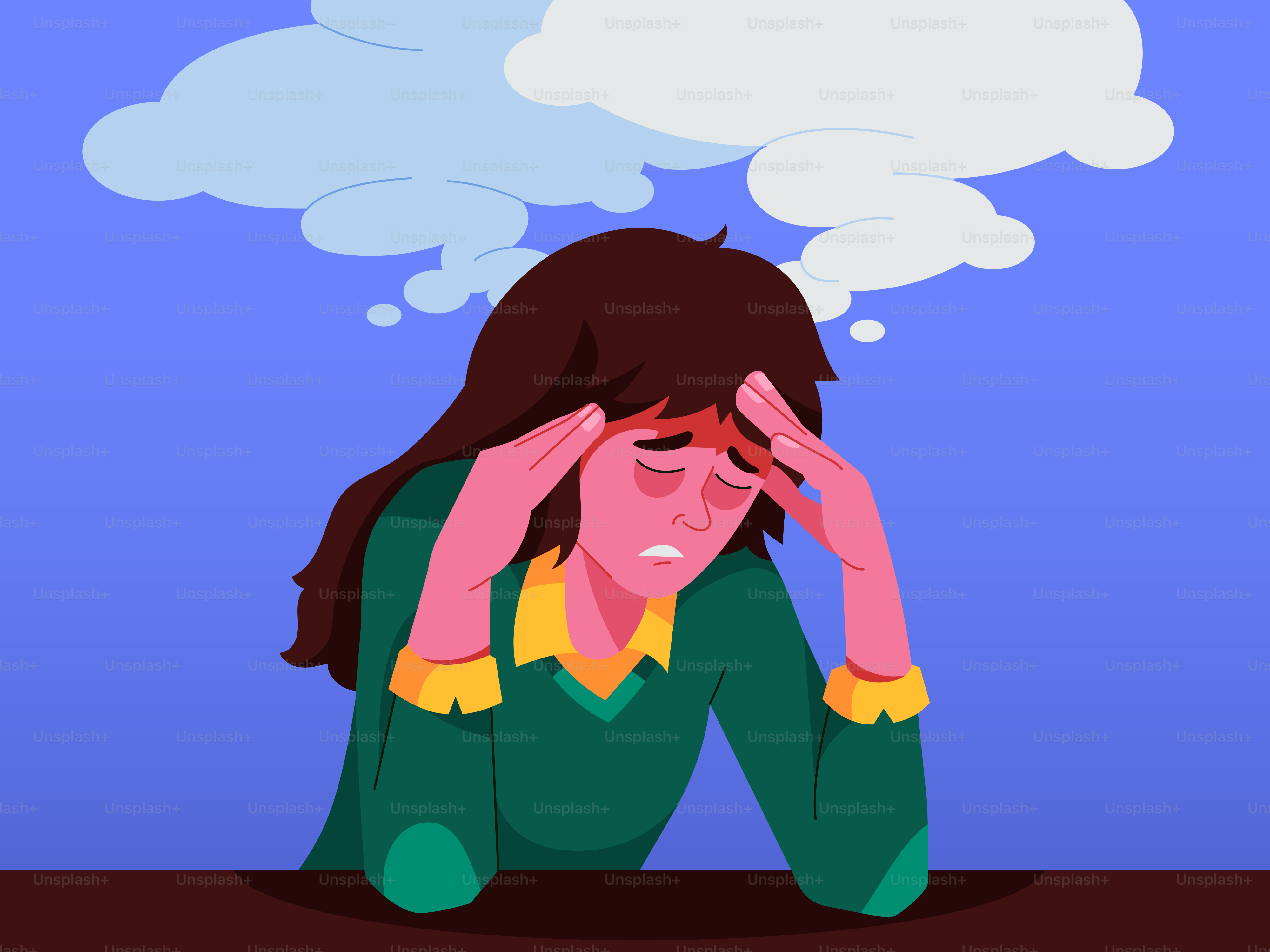 머리에 손을 얹고 스트레스를 받은 여성