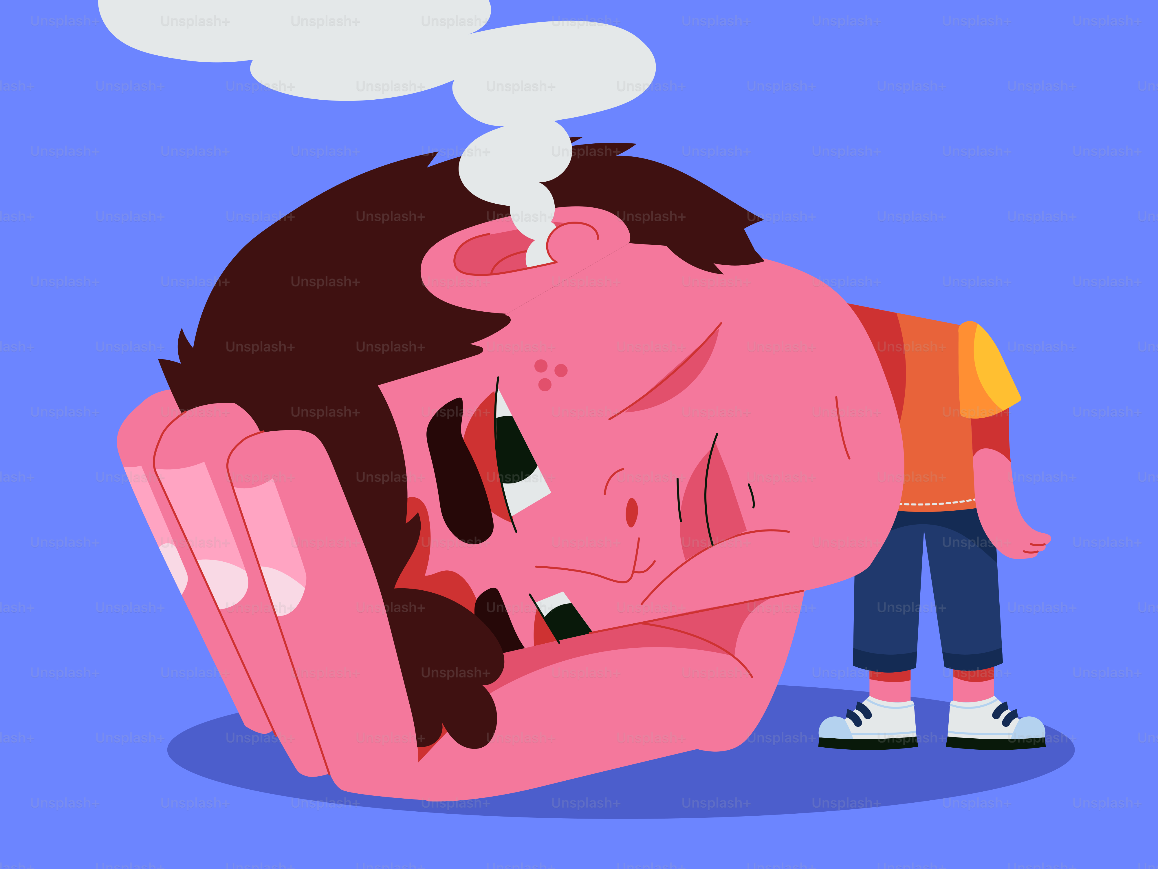 머리를 손에 쥐고 머리에서 김이 나는 남자.