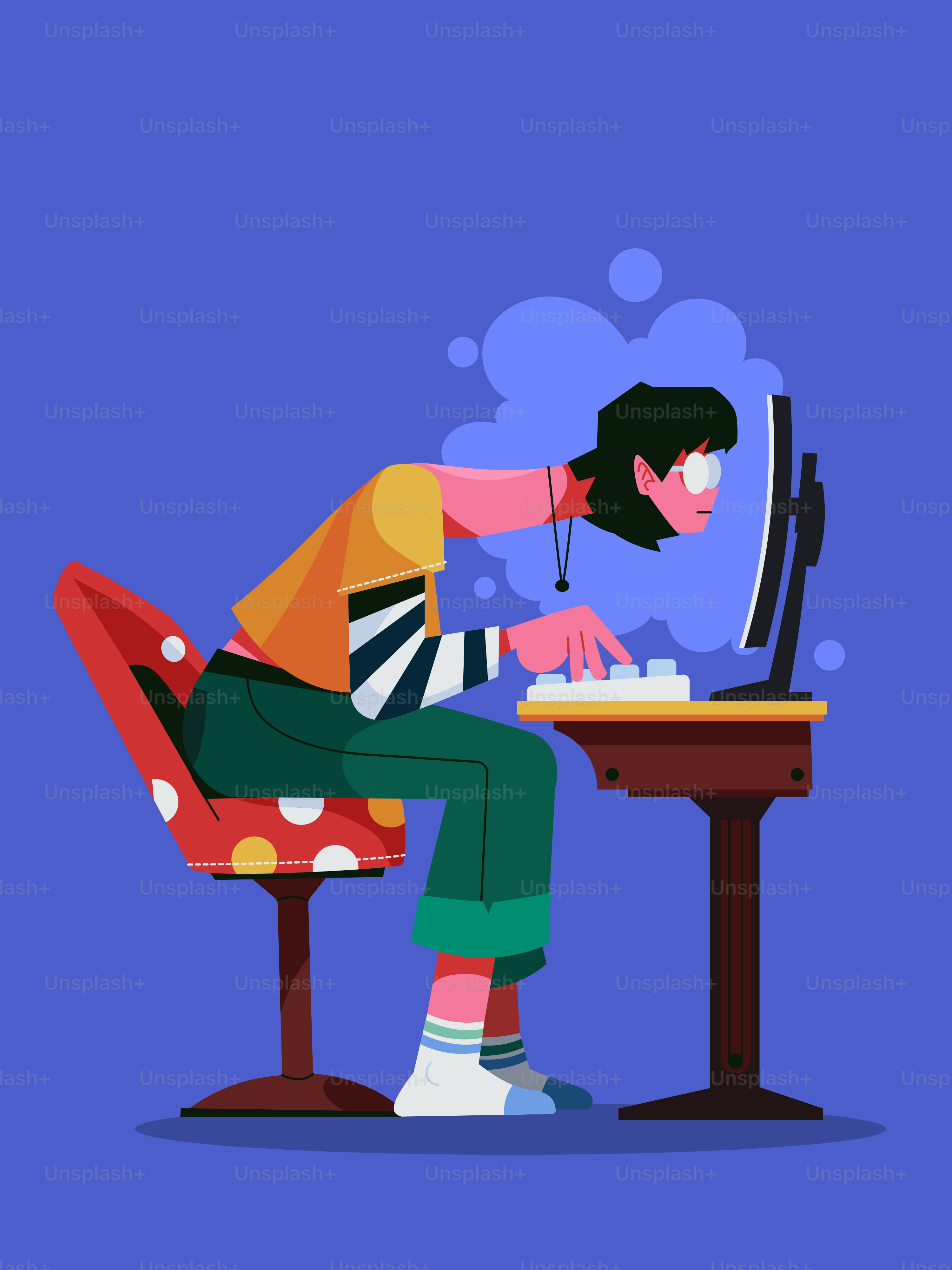 책상에 앉아 컴퓨터 앞에 몸을 숙인 사람.