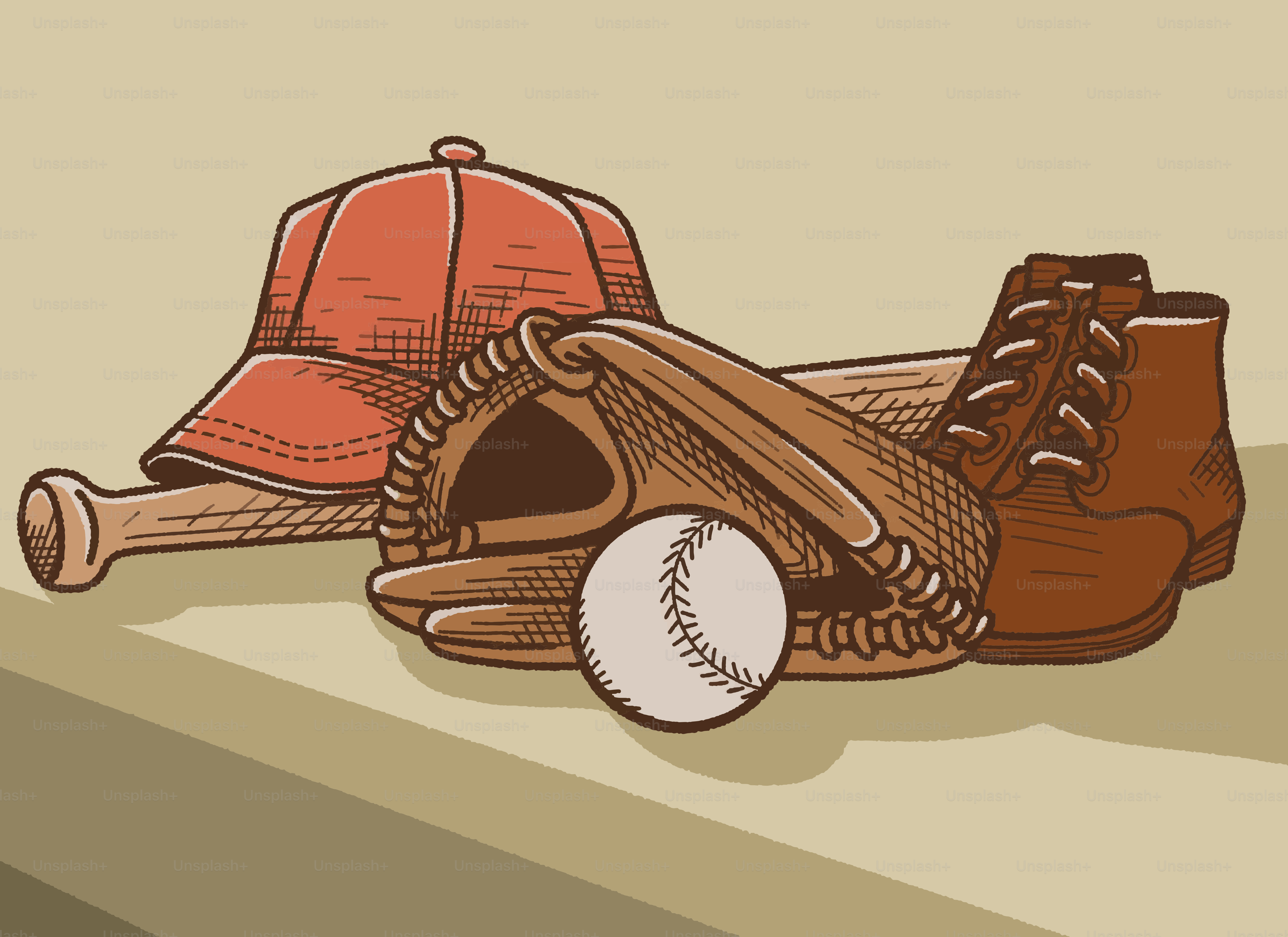 Baseball equipment including bat, glove, ball, cap, and cleats.