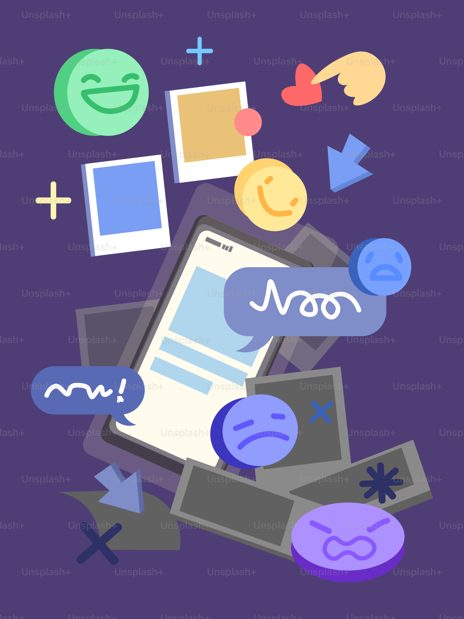 Social media icons and photos floating around a phone.