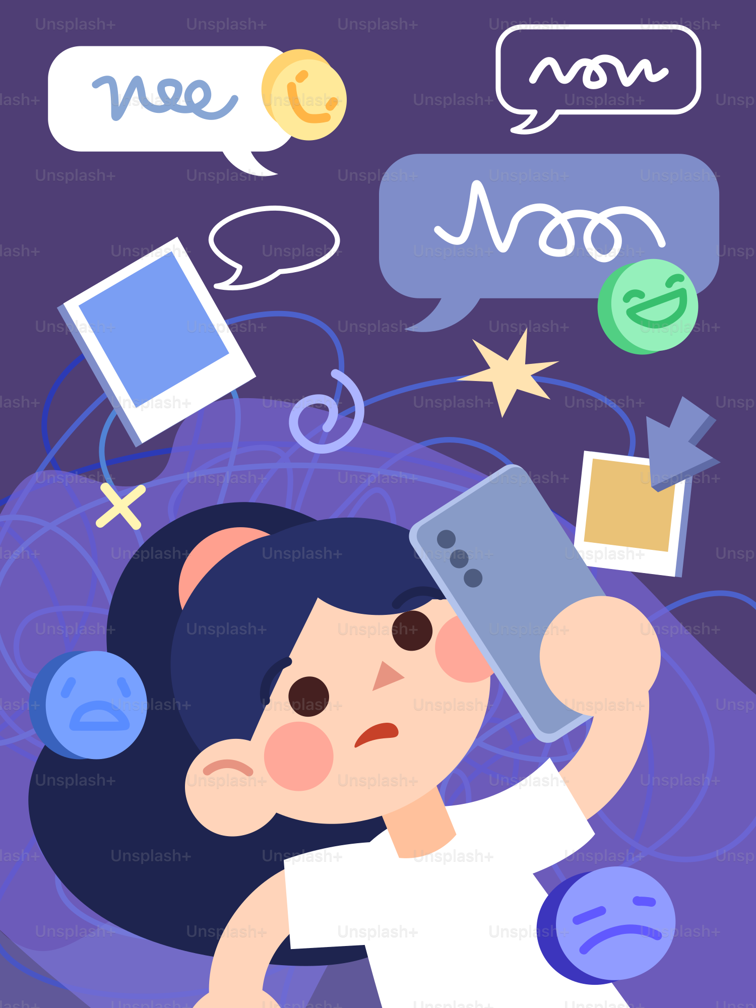 Girl overwhelmed by social media notifications and notifications