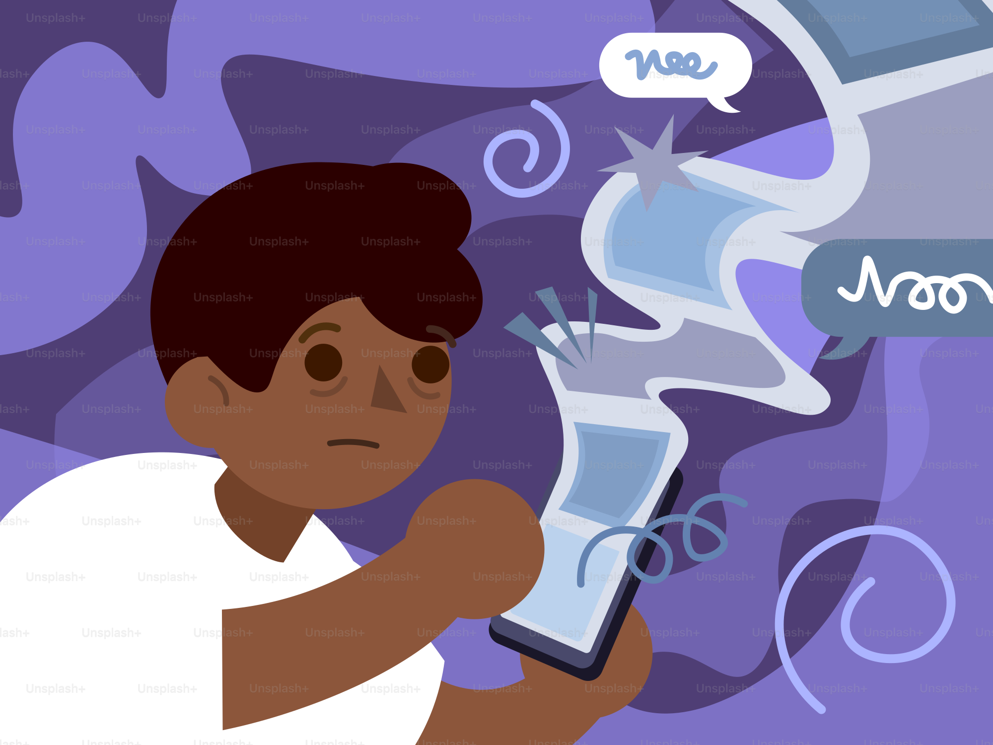 Man looking stressed at a distorted smartphone screen.