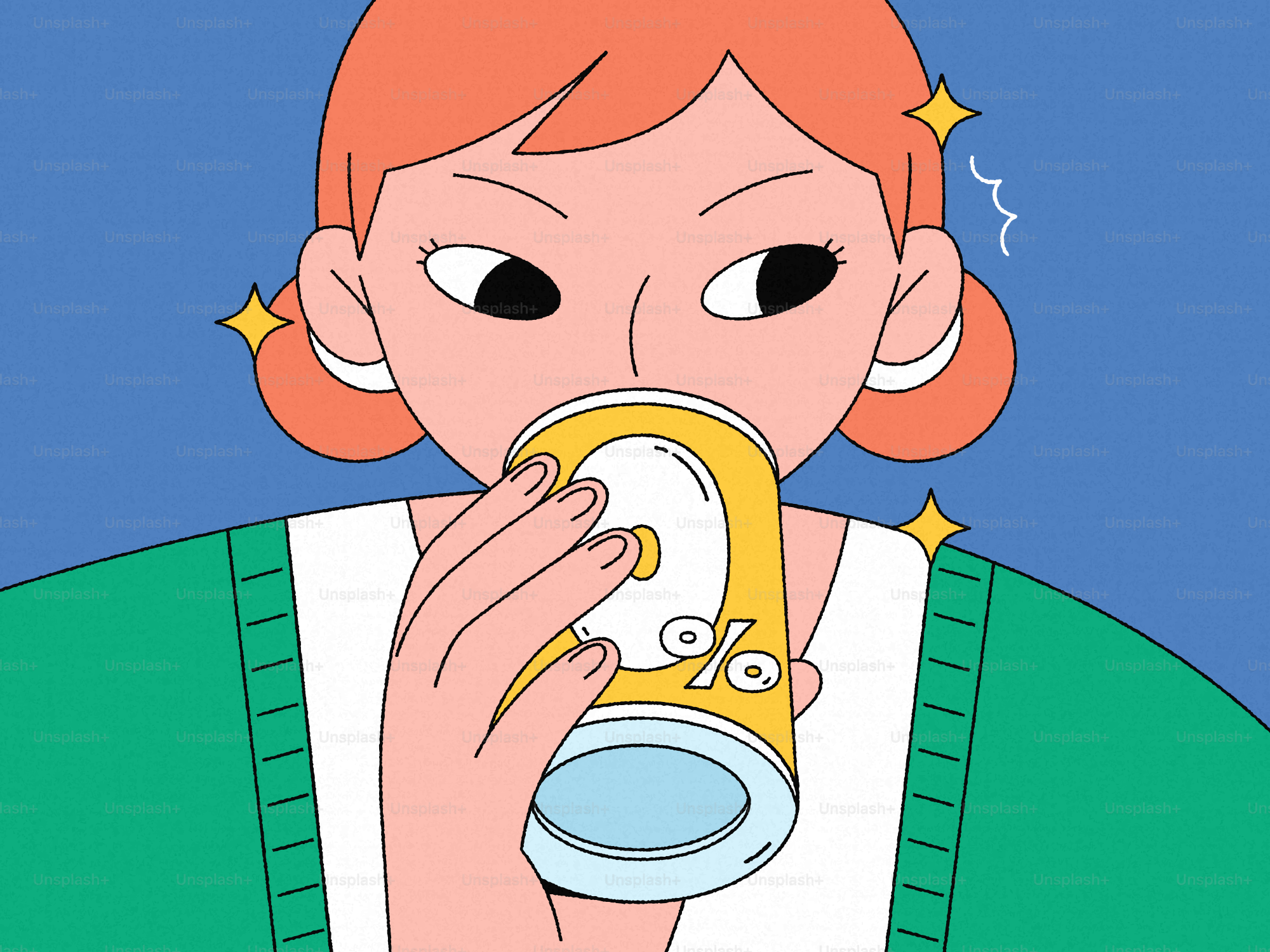 Woman drinking from a yellow can with a question mark