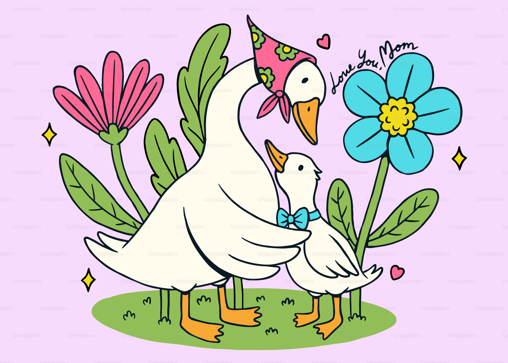 Mamma oca e cucciolo con fiori