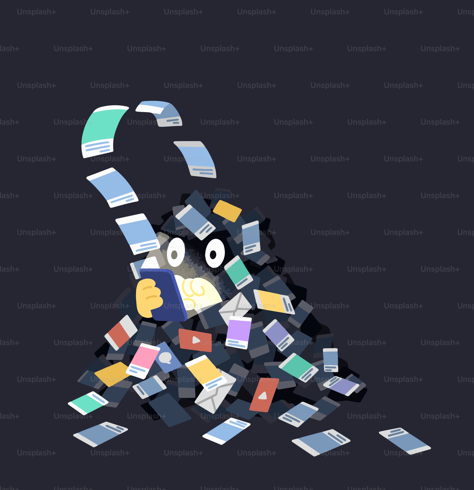 A person buried under a pile of smartphones and phones