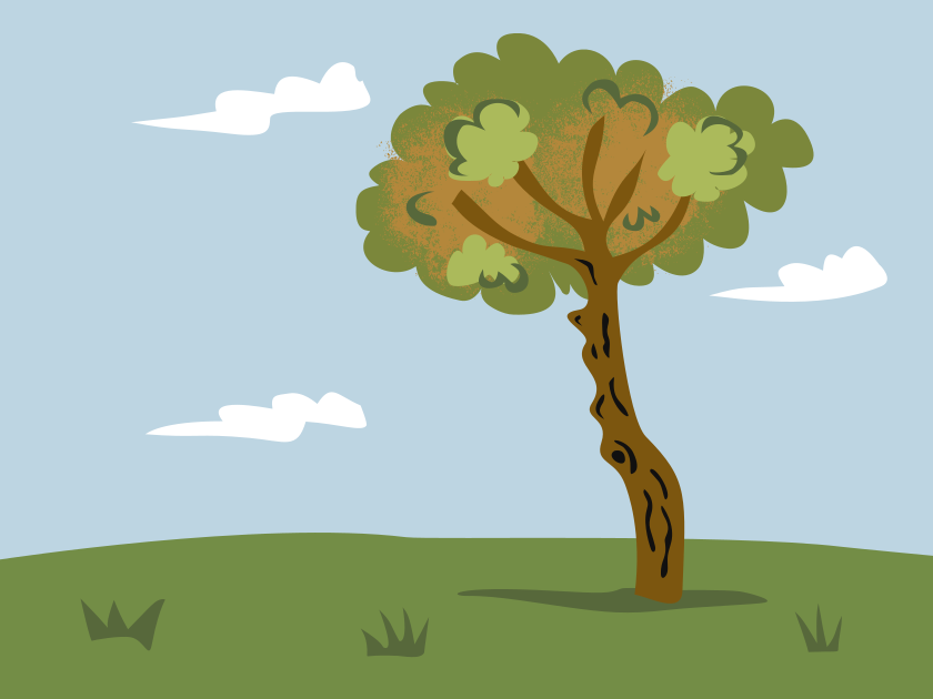 Ein Zeichentrickbaum steht auf einem grasbewachsenen Feld.