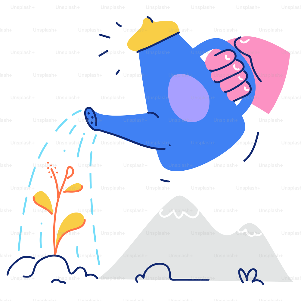 Eine kleine Pflanze von Hand mit einer blauen Gießkanne gießen.