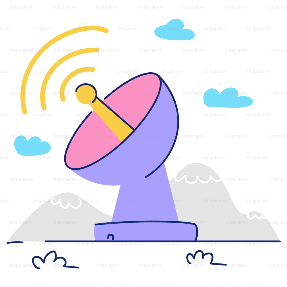 Antenne satellite recevant des signaux avec des montagnes et des nuages.
