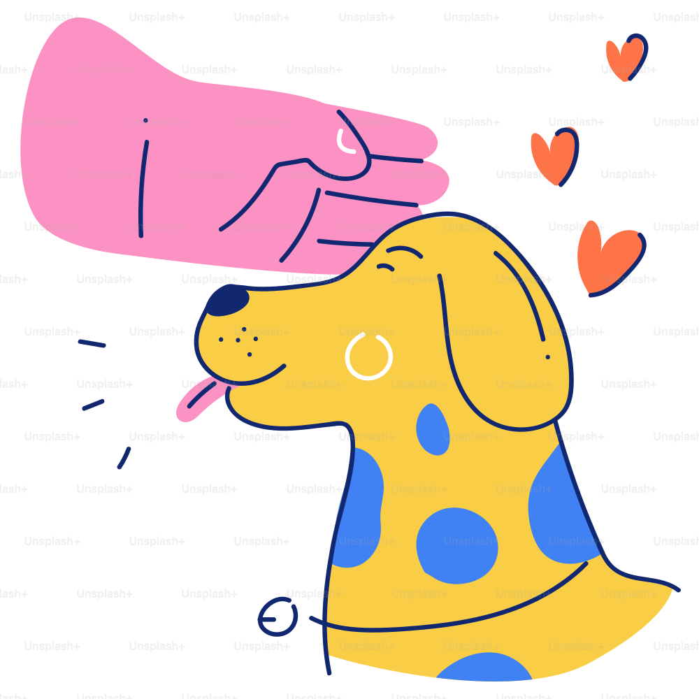 A hand petting a happy yellow dog with blue spots.