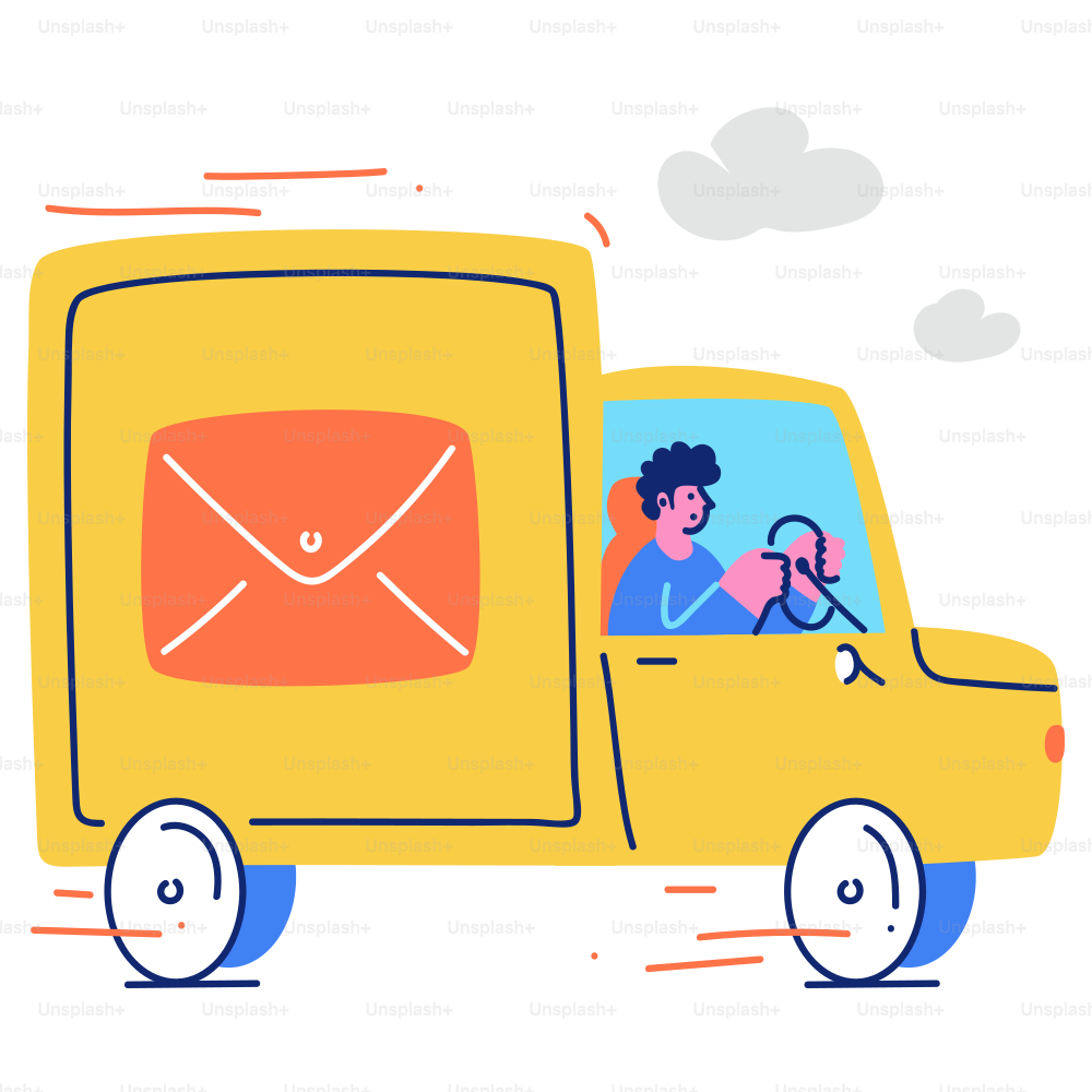 Yellow delivery truck with mail symbol driving fast.