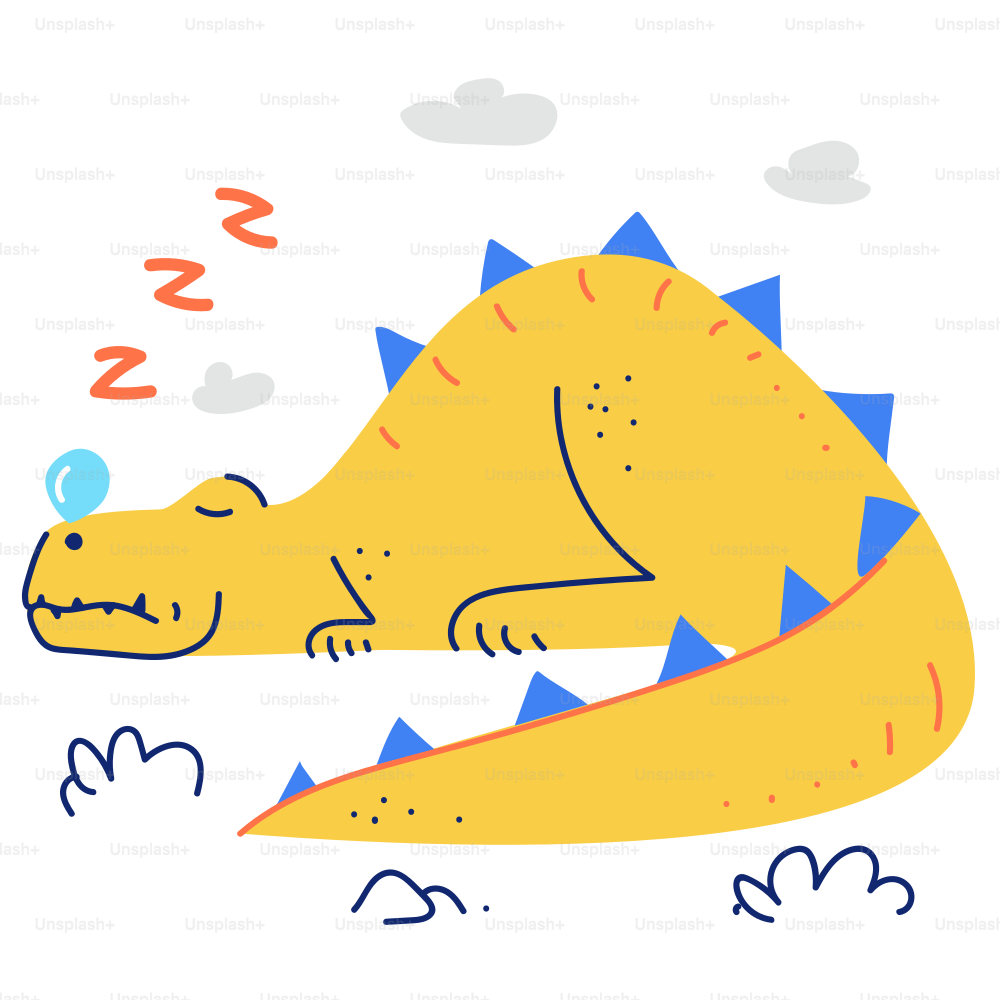 A yellow cartoon dinosaur sleeping peacefully outdoors.