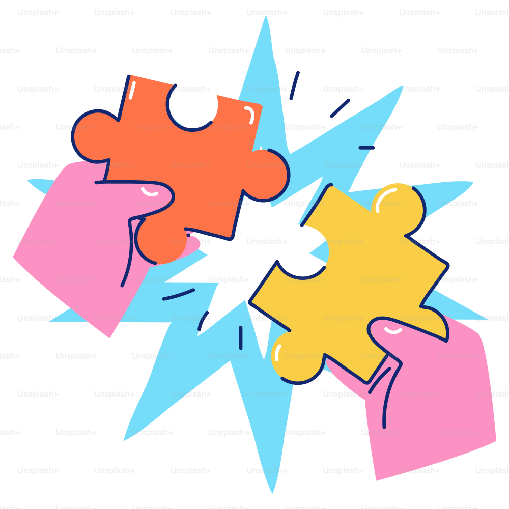 Two hands connecting puzzle pieces with a starburst.