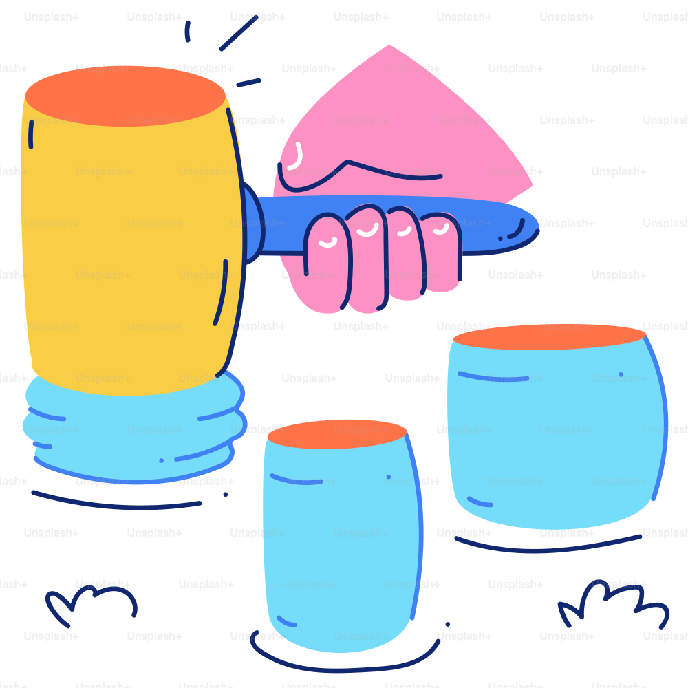 Hand holding a gavel over three blue cylinders.