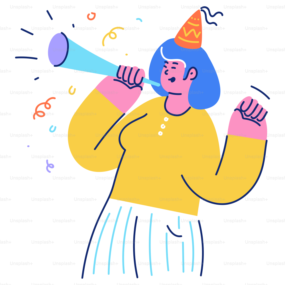 Person in party hat blowing a horn with confetti.