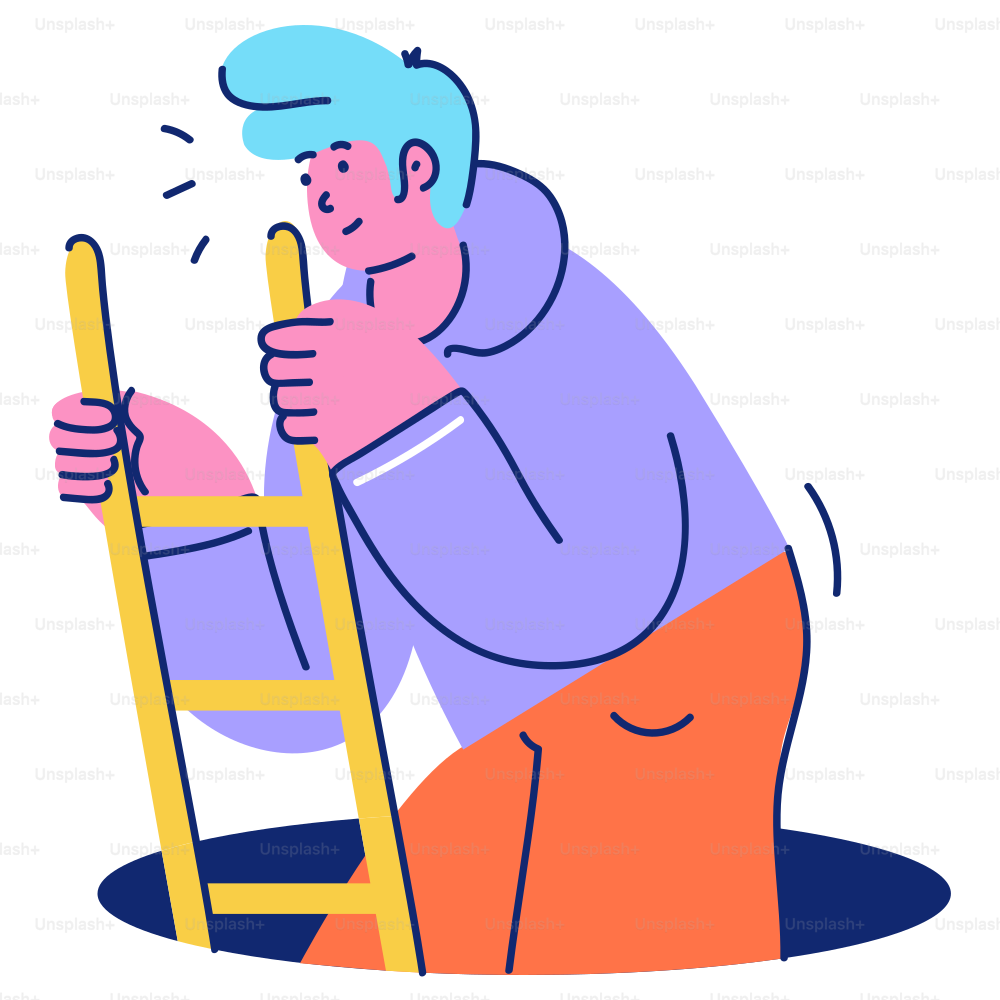 Man climbing a ladder out of a hole