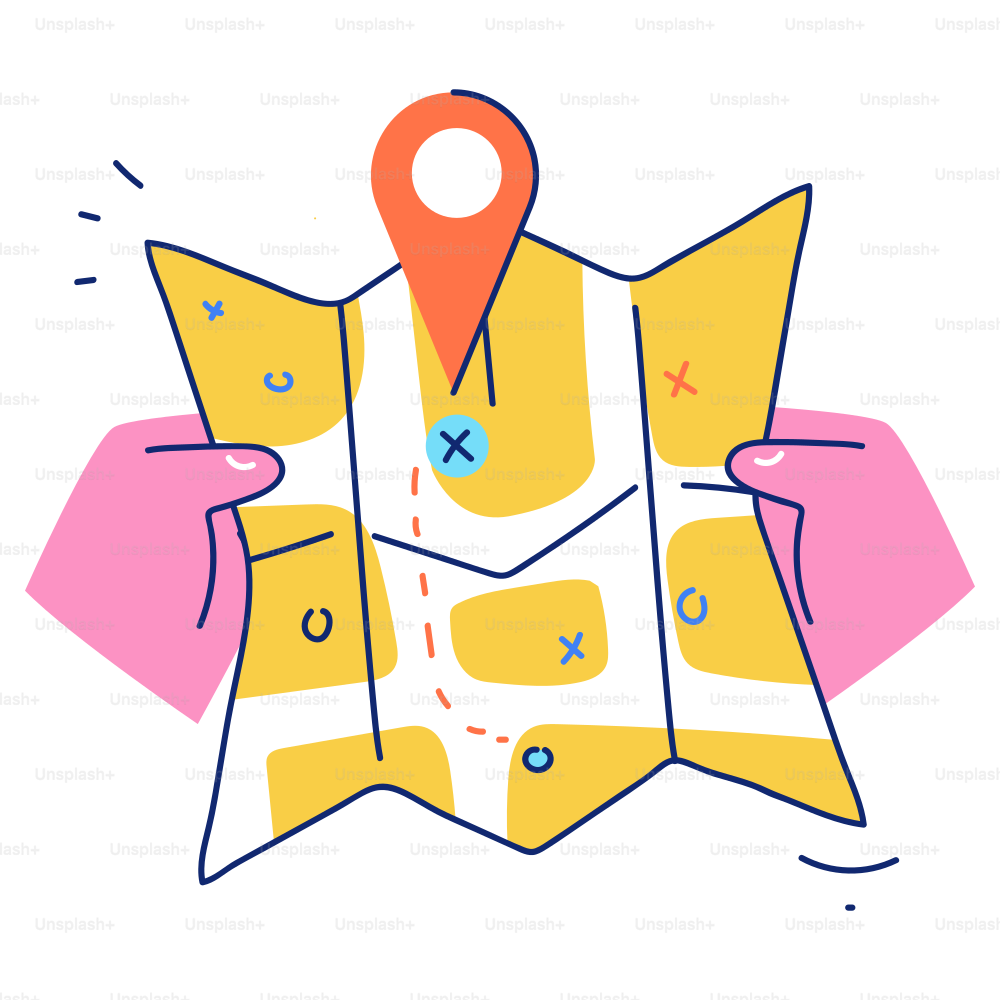 Hands holding a folded map with a location pin. vector – Travel Image ...